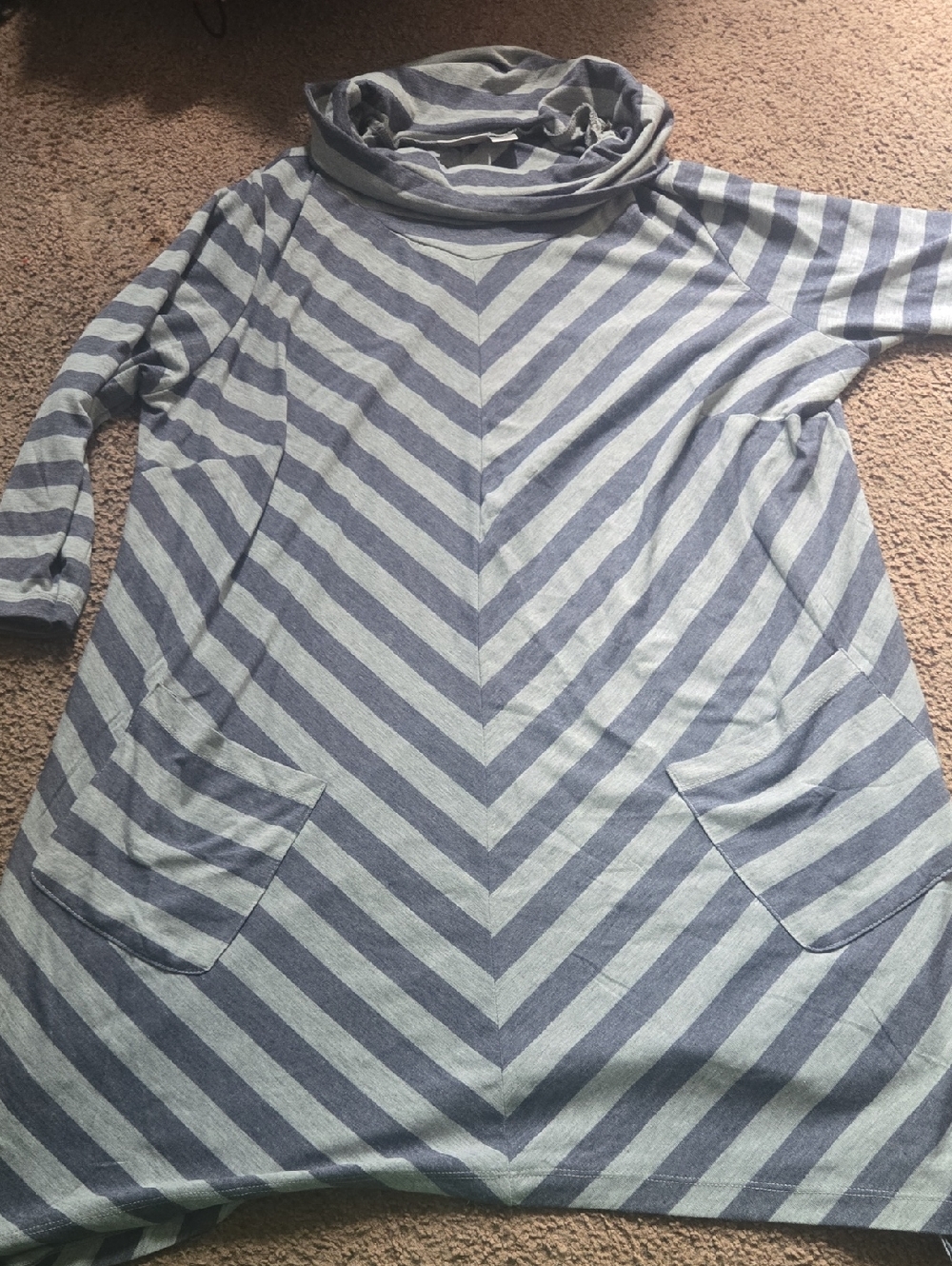 Avenue Striped Chevron Midi Dress Tunic in Light Blue and Gray Asymmetrical Hem